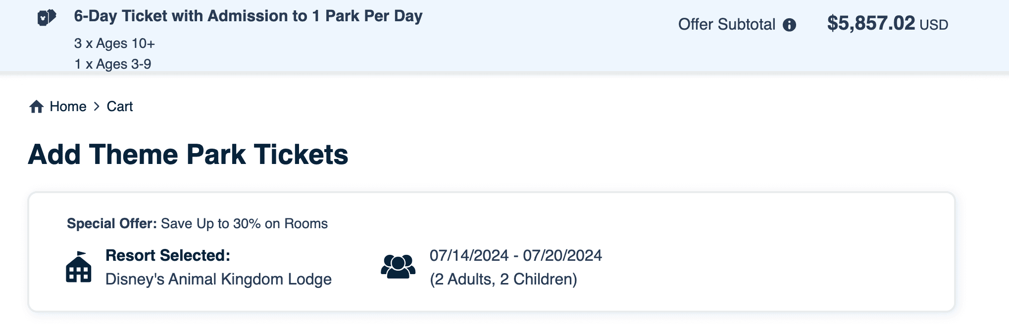 screen shot that shows the cost of an upgrade to a deluxe resort 
